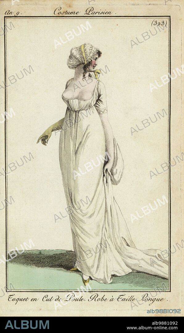 Fashionable woman or Merveilleuse in a toque cap, 1801. The cap was called a parsons nose or cul de poule. Her low-cut, nipple-revealing tunic dress with a long waist. Tunique en cul de poule. Robe à taille Longue. Handcoloured copperplate engraving from Pierre de la Mesangeres Journal des Modes et Dames, Paris, 1801. The illustrations in volume 4 were by Carle Vernet, Bosio, Dutailly and Philibert Louis Debucourt.