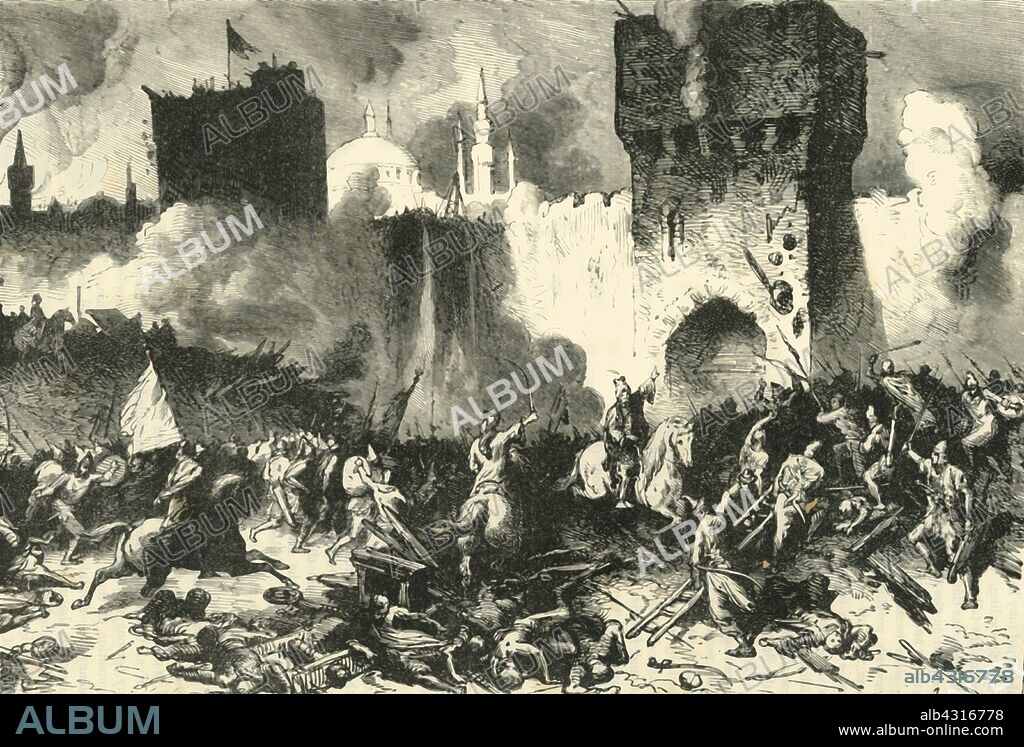 'The Final Assault on Constantinople', (29 May 1453), 1890. The Fall of Constantinople - capture of the Byzantine Empire's capital under Constantine XI Palaiologos by an invading Ottoman army under Sultan Mehmed II, on 29 May 1453.   From "Cassell's Illustrated Universal History, Vol. III - The Middle Ages", by Edmund Ollier. [Cassell and Company, Limited, London, Paris and Melbourne, 1890. ].