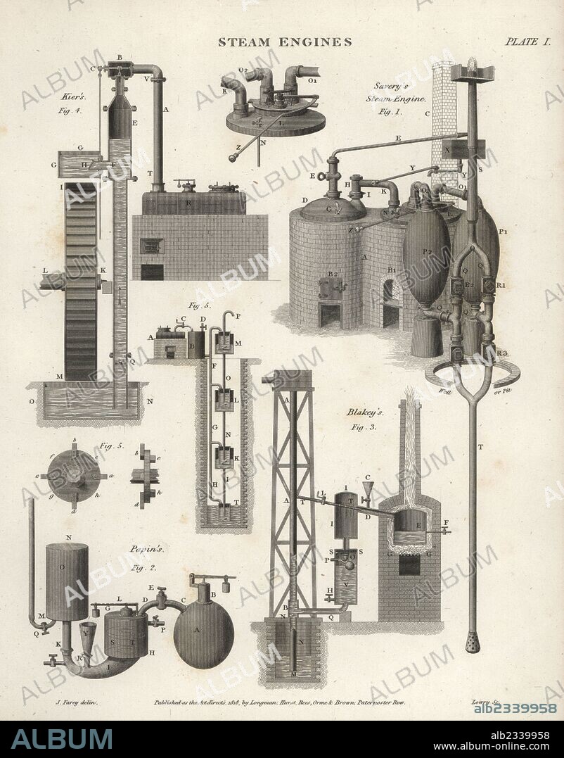 Steam engines by Thomas Savery, William Blakey, Mr Kier, and Denis Papin, 17th and 18th centuries. Copperplate engraving by Wilson Lowry after an Illustration by J. Britton from Abraham Rees' "Cyclopedia or Universal Dictionary," London, 1818.