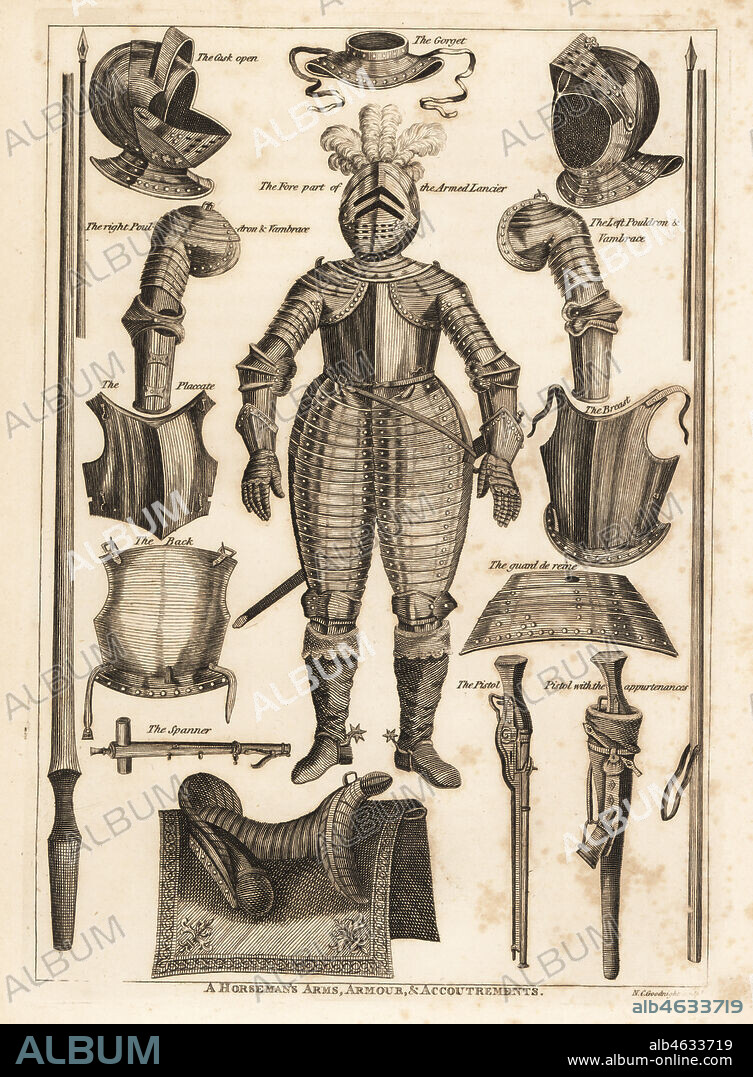 Horseman's arms, armour and accoutrements, 17th century. Cask helmet, pouldron and vambrace, gorget, guard de reine, pistol, spanner, saddle, lance. Copperplate engraving by N.C. Goodnight from Francis Grose's Military Antiquities respecting a History of the English Army, Stockdale, London, 1812.