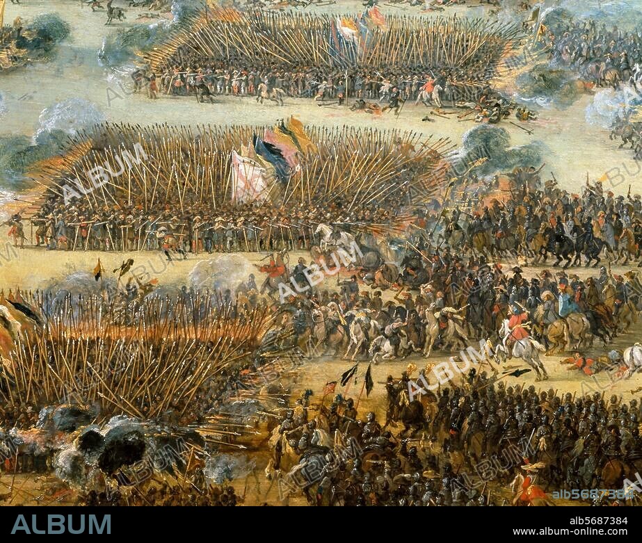 Spanisch-niederländischer Krieg 1568-1648. "Eine Schlacht der holländischen Armee". Ausschnitt. Gemälde, undat., von Pieter Snayers. (1592-1667). Öl auf Holz, 63 × 112,5 cm. Inv. Nr. 7557. Siena, Pinacoteca Nazionale.