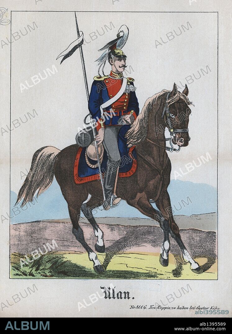 Ulano. Soldado de Caballería ligera, armado de lanza, propio de algunos ejércitos centro-europeos (Polonia, Alemania, …). Grabado popular impreso en Alemania en 1905.