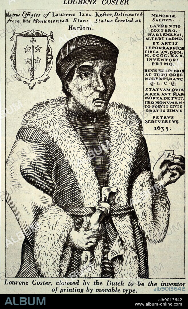 Portrait of Laurens Janszoon Coster (1370-1440) who allegedly invented printing simultaneously with Johannes Gutenberg. Dated 17th century.