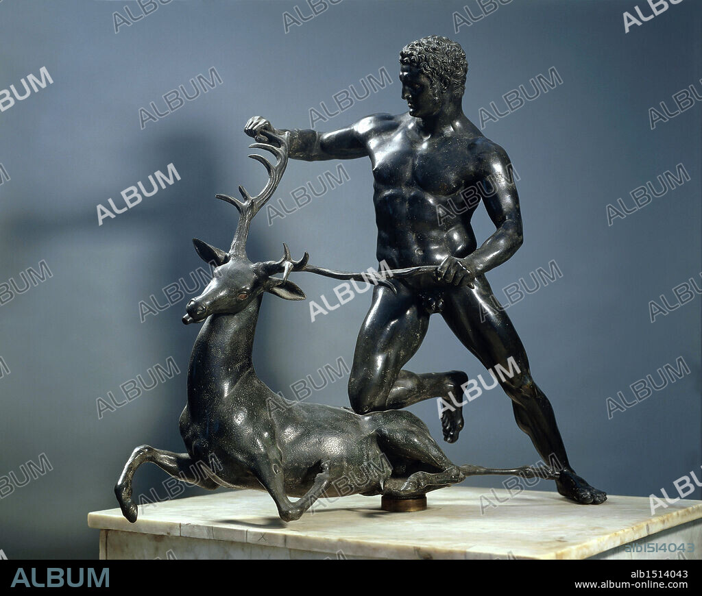 Roman civilization. Statue of athlete struggling with a deer. Roman copy of bronze original by Lysippos, 1st century b.C., which adorned a fountain in Pompei.