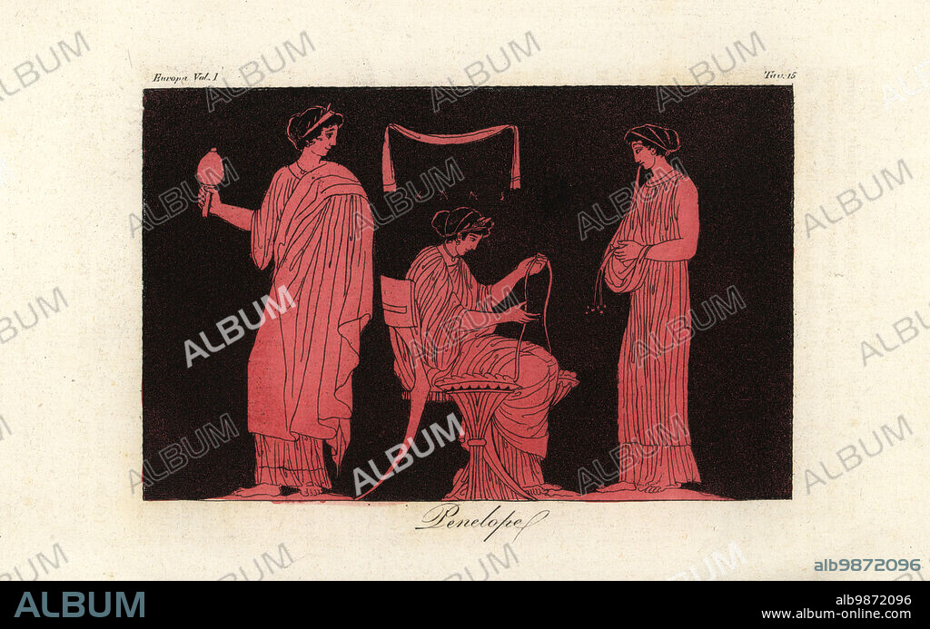 A depiction of Penelope, wife of Odysseus, with her attendants. Penelope sits on a chair at work on a thread. A servant takes away a mirror, and another brings todays cloth. The fillet above indicates that the scene takes place in Penelope's private chambers. From a vase in the collection of Sir William Hamilton. Handcoloured copperplate engraving by Corsi from Giulio Ferrarios Costumes Ancient and Modern of the Peoples of the World, Il Costume Antico e Moderno, Florence, 1842.