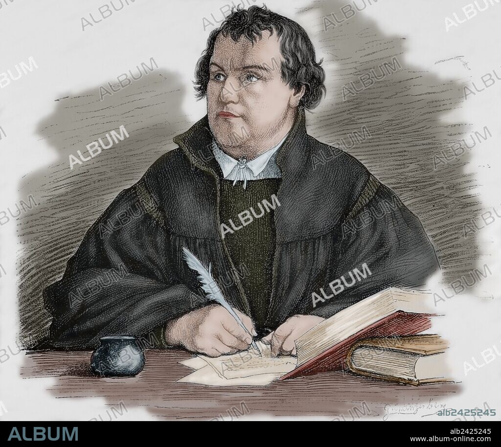Martin Luther (1483-1546). German reformer. Engraving by G. Spangerberg in Germania, 1882. Colored.