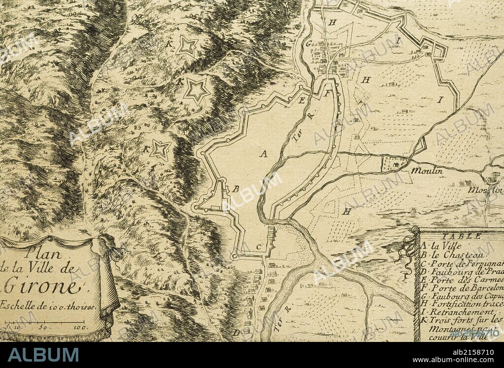 PLANO DE LA CIUDAD DE GERONA (GIRONA). Vista con sus murallas, castillos y el rio Ter que la atraviesa. Grabado francés del siglo XVII, realizado durante las negociaciones del Tratado hispanofrancés de los Pirineos, año 1659. Cataluña.