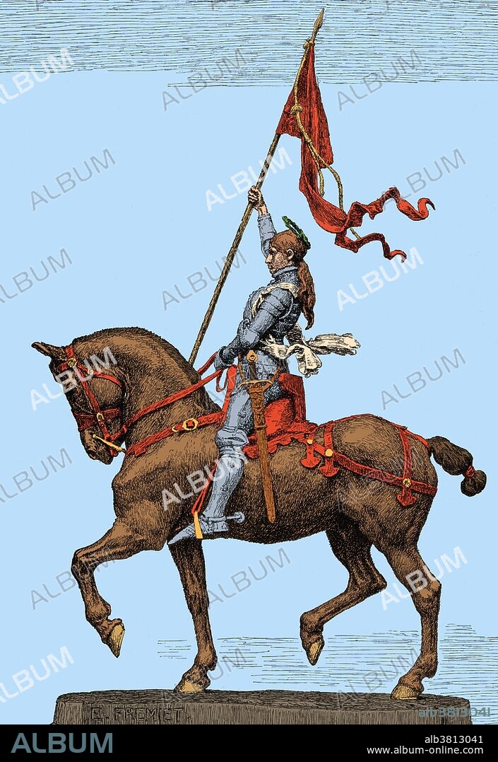 Joan of Arc astride a horse raising battle. Unknown artist. Joan of Arc (January 6, 1412 - May 30, 1431) national heroine of France and a Roman Catholic saint. A peasant girl born in eastern France who claimed divine guidance, she led the French army to several important victories during the Hundred Years' War, which paved the way for the coronation of Charles VII. She was captured by the Burgundians, sold to the English, tried by an ecclesiastical court, and burned at the stake when she was 19 years old. Twenty-five years after the execution, Pope Callixtus III examined the trial, pronounced her innocent and declared her a martyr. Joan of Arc was beatified in 1909 and canonized in 1920. She is one of the Patron Saints of France.