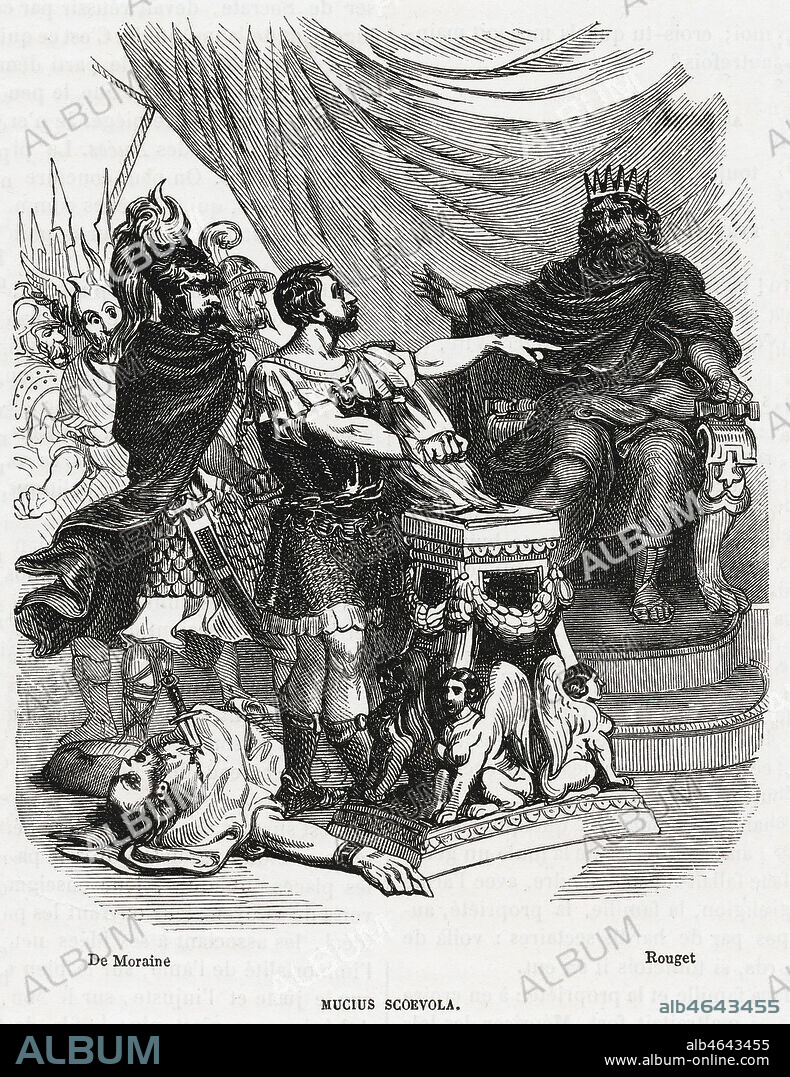 Caius MUCIUS SCOEVOLA vers -507, interroge par le roi etrusque PORCENNA qu'il a voulu tuer, met sa main au feu pour prouver la bravoure des jeunes romains. Illustration de 1851 par Rene de MORAINE (ne en 1816) pour Histoire des Martyrs de la Liberte par Alphonse ESQUIROS (1812-1876). Credit : Collection Jonas/Kharbine-Tapabor.