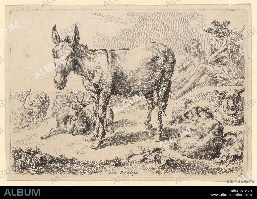 Donkey, 1679-1680, etching, sheet: 12.8 x 17.7 cm |, Plate: 12.1 x 17.2 cm, M. u., inscribed in the plate: cum Privilegio, monogrammed next to it: NB ., and numbered: 4, Nicolaes (Claes Pietersz.) Berchem, Haarlem 1620–1683 Amsterdam.