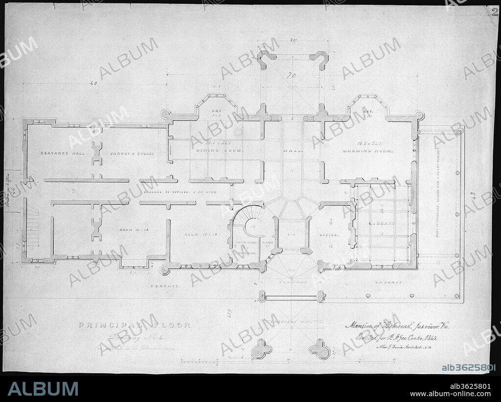Belmead, Virginia, for Philip St. George Cocke (plan of principle floor). Artist: Alexander Jackson Davis (American, New York 1803-1892 West Orange, New Jersey). Dimensions: sheet: 20 11/16 x 27 11/16 in. (52.6 x 70.3 cm). Date: 1845.