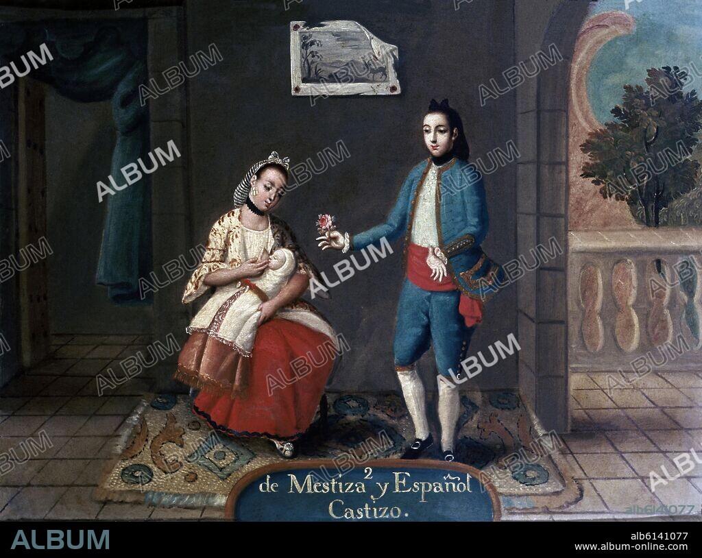 ANONYMOUS. "MESTIZAJE - DE MESTIZA Y ESPANOL : CASTIZO"- OIL ON COPPER 48x36 CM - 18TH CENTURY.