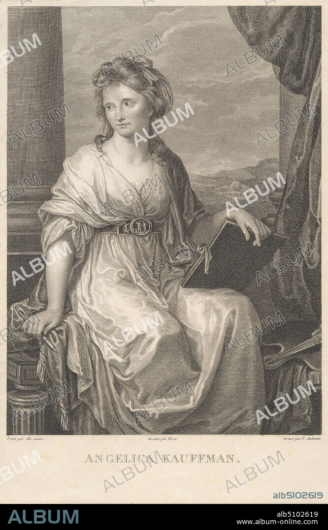 Angelica Kauffman, Print made by Pierre Audouin, 17681822, French, after Angelica Kauffmann RA, 17411807, Swiss, active in Britain (176681), and after Jean-Baptiste Wicar, 17621834, French, undated, Line engraving and etching on moderately thick, slightly textured, cream wove paper, Sheet: 9 5/8 x 6 5/16 inches (24.4 x 16 cm) and Image: 8 1/8 x 5 15/16 inches (20.6 x 15.1 cm), artist, belt, bench, book, cameo, columns, curtain, drapery, fringe, gown, hills, landscape, mountains, paintbrushes, palette, pen, pillars, portfolio, portrait, ribbons, self-portrait, shawl, woman.