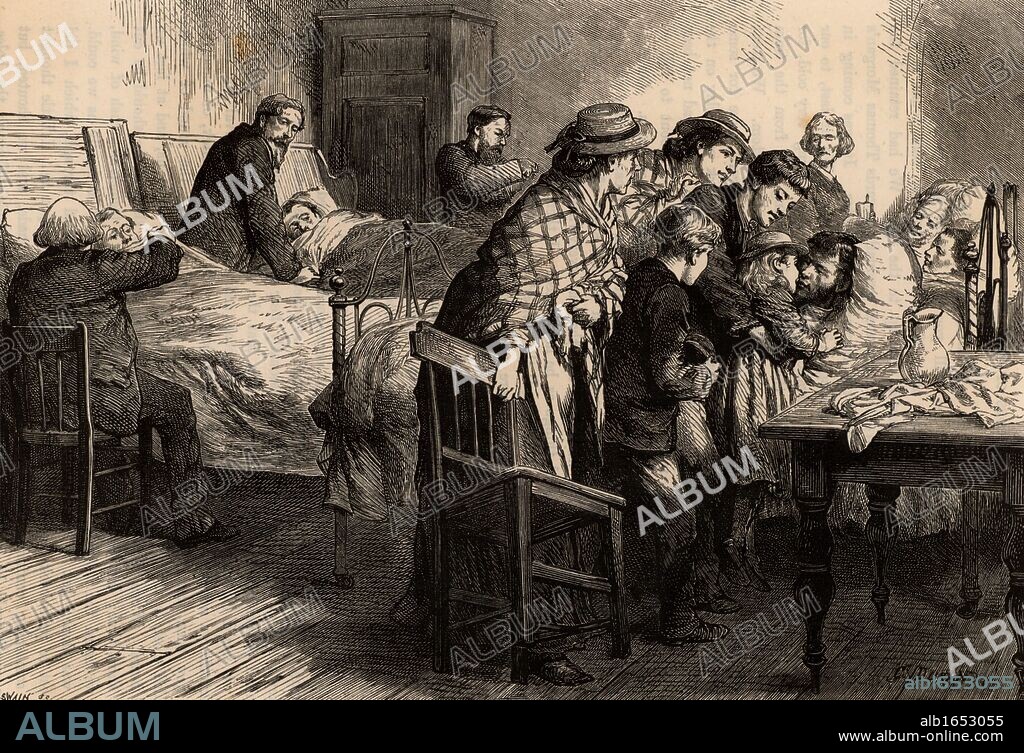 Flooding of Tynewydd Colliery, Rhondda Valley, Wales, 11 April 1877. Five survivors being cared for after their 10 days trapped underground, one of them being united with his family.  From "Heroes of Britain" by Edwin Hodder (London, c1880). Engraving.   (Photo by: Universal History Archive/UIG via Getty Images).
