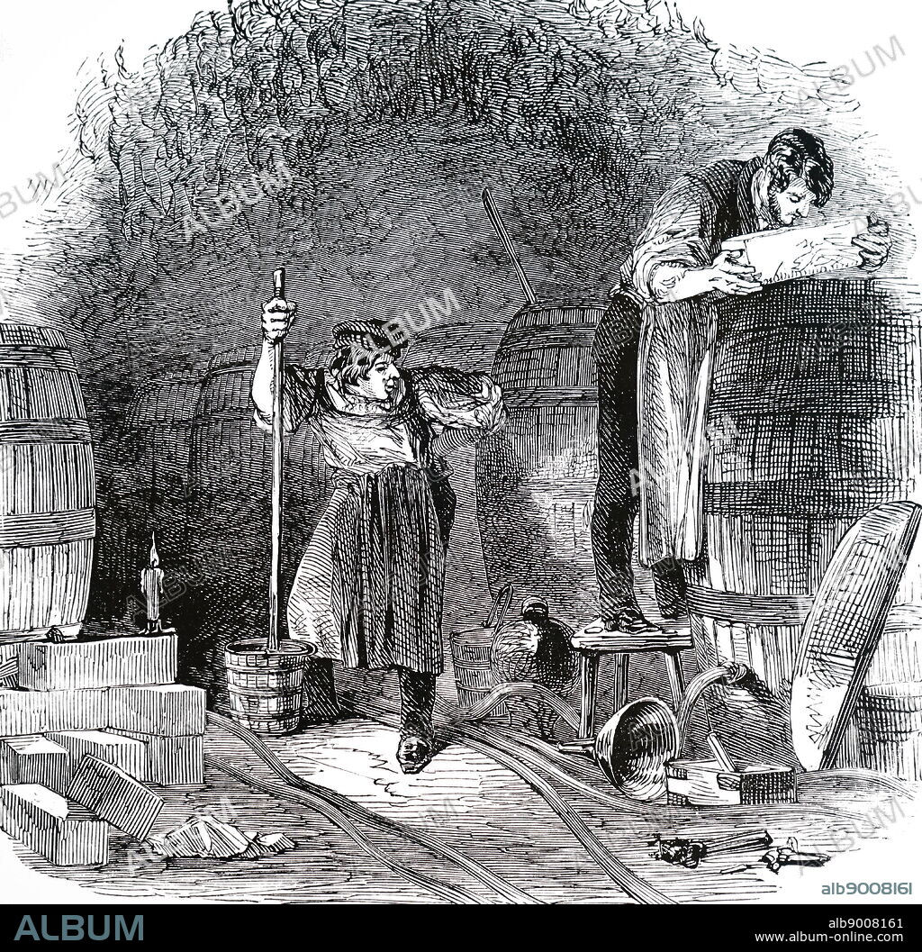 An engraving depicting the process of adultering (or bobbing) beer in order to make two or three casks from one good one. The main ingredients added were salt, water and treacle. Dated 19th century.