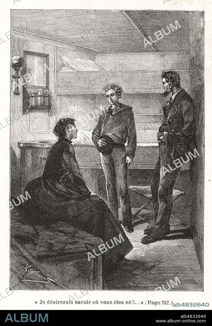 Je desirerai savoir ou vous etes ne (Mrs Branican a ). Illustration de 1891 par Leon BENETT (1838-1917) pour Mistress Branican par Jules VERNE (1828-1905). Credit : Collection Jonas/Kharbine-Tapabor.