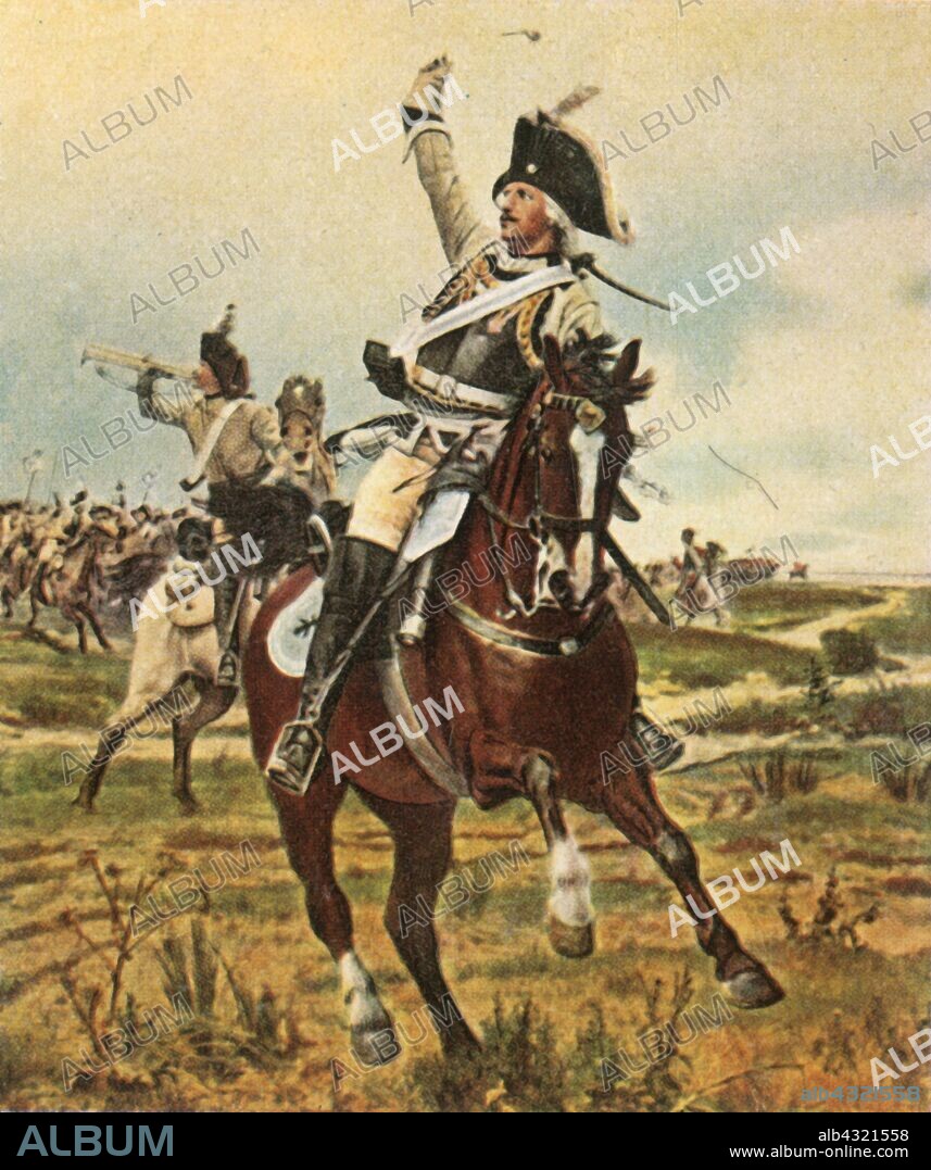 General Seydlitz gives the signal to advance at Rossbach, 5 November 1757, (1936). At the Battle of Rossbach (in Germany), Prussian cavalry officer Friedrich Wilhelm von Seydlitz (1721-1773) and his men routed the French and Imperial armies. He is usually credited with developing the Hussar regiments of Frederick the Great's Army. From "Bilder Deutscher Geschichte", (Pictures of German History), No.12, cigarette card album. [Cigaretten-Bilderdienst, Altona-Bahrenfeld, Hamburg, Germany, 1936].