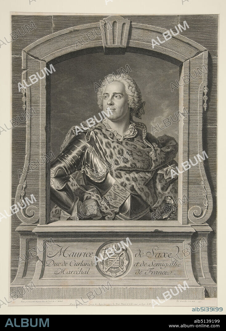 Artist: Johann Georg Wille, German, 17151808, Maurice de Saxe, Duc de Curlande et de Semigallie, Maréchal de France, Published 1745, Engraving, platemark: 46.4 × 33.4 cm (18 1/4 × 13 1/8 in.), Made in Germany, German, 18th century, Works on Paper - Prints.