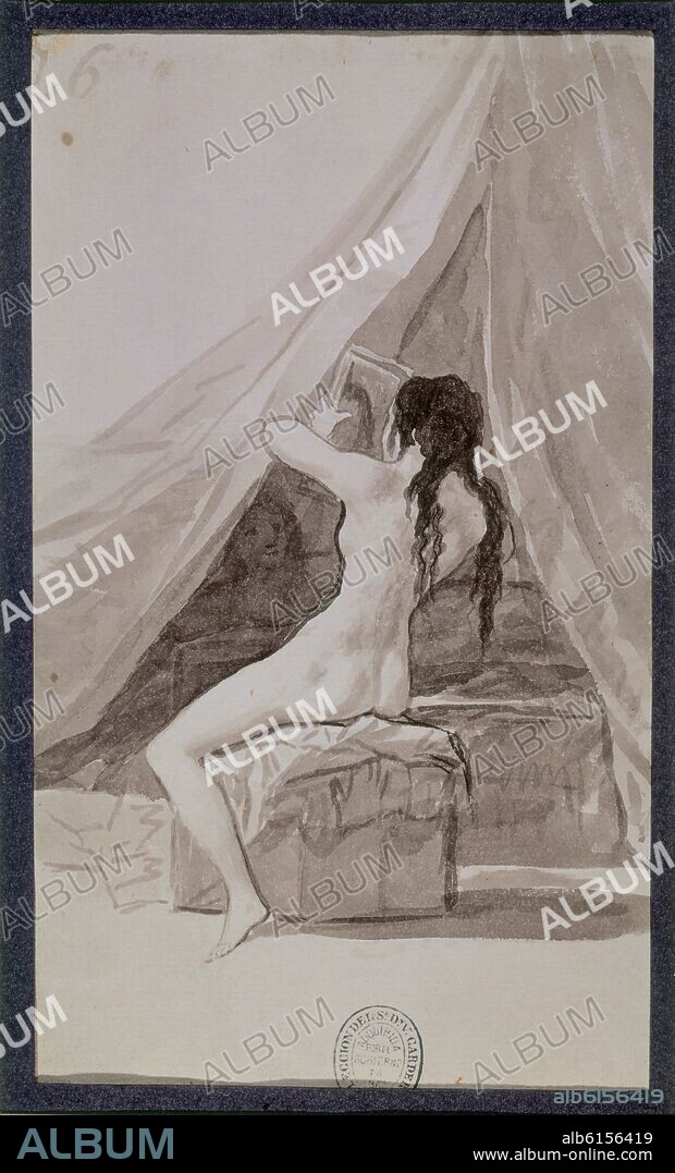 FRANCISCO DE GOYA. MUJER DESNUDA CON UN ESPEJO EN EL BAÑO - ALBUM B DE MADRID - 1796-1797 - AGUADA DE TINTA CHINA.