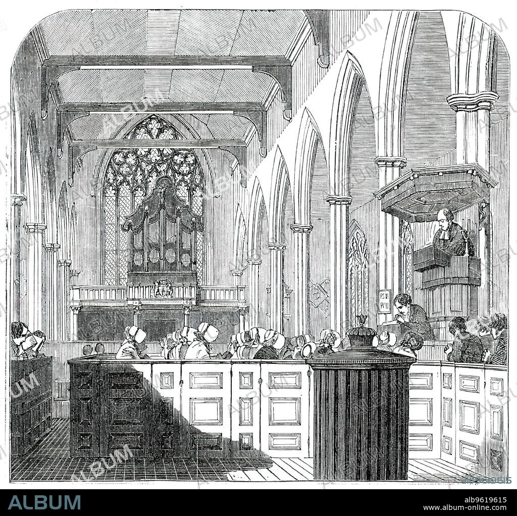 Tercentenary Service at the Dutch Church, Austin Friars, [London], 1850. Scene of the '...Commemoration in the Dutch Church at Austin Friars, an edifice of very interesting antiquarian history, and belonging to the house of Augustine Friars founded by Humphrey Bohun, Earl of Hereford and Essex, in the year 1243...Henry VIII., at the Dissolution, bestowed the house and grounds on William Paulet, first Marquis of Winchester; hence Winchester-street adjoining. The Church, reserved by the King, was granted by his son "to the Dutch nation in London, to be their preaching place;" and to the poor Dutch refugees who fled out of the Netherlands, France, and other parts beyond seas, from Papist persecutors." The grant was confirmed by several successive sovereigns, and is enjoyed by the Dutch to this day'. The service was performed by the Rev. Dr. Gehle. From "Illustrated London News", 1850.