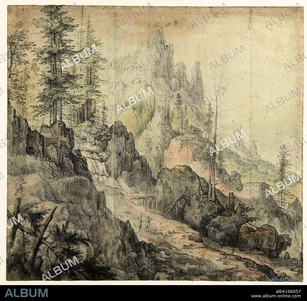 Mountain Landscape with a Waterfall. Berglandschap met waterval. Draughtsman: Roelant Savery. Dating: 1603 - 1613. Measurements: h 383 mm × w 413 mm.