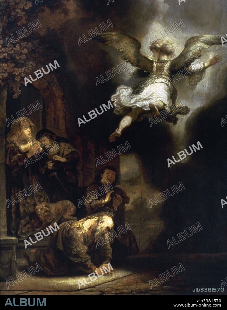 Rembrandt, Harmensz van Rijn o Rhijn (Leiden, 1606-Amsterdam, 1669). Pintor, grabador y dibujante holandés. "El ángel Rafael abandona a Tobías" (1637). Tabla (68 X 52 CM). Museo del Louvre. París. Francia.