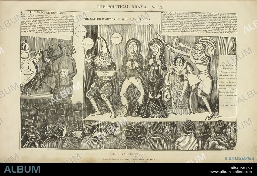 CHARLES JAMESON GRANT. The rival showmen. The Political drama. [A series of caricatures.]. [London] : Printed and published by G. Drake, 12, Houghton Street, Clare Market, [1834-1835.]. Source: HS.74/1630 no.21.