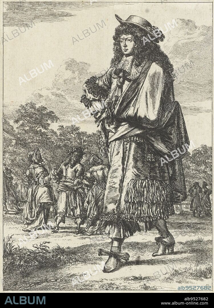 Man dressed in rhingrave with innocent and bef, overshadowed by a shoulder jacket. The trousers are excessively decorated with ribbons and loops. On the head a hat with flat sphere and wide brim. Shoes with heels and wide bows. People dancing in the background. Number seven from Figures à la mode, a series of twelve fashion prints, showing contemporary men's and women's fashion, Figures à la mode, no. 7: Man in rhingrave Figures à la mode (title series)., print maker: Romeyn de Hooghe, Romeyn de Hooghe, publisher: Nicolaes Visscher (I), Netherlands, 1670 - 1685, paper, etching, engraving.