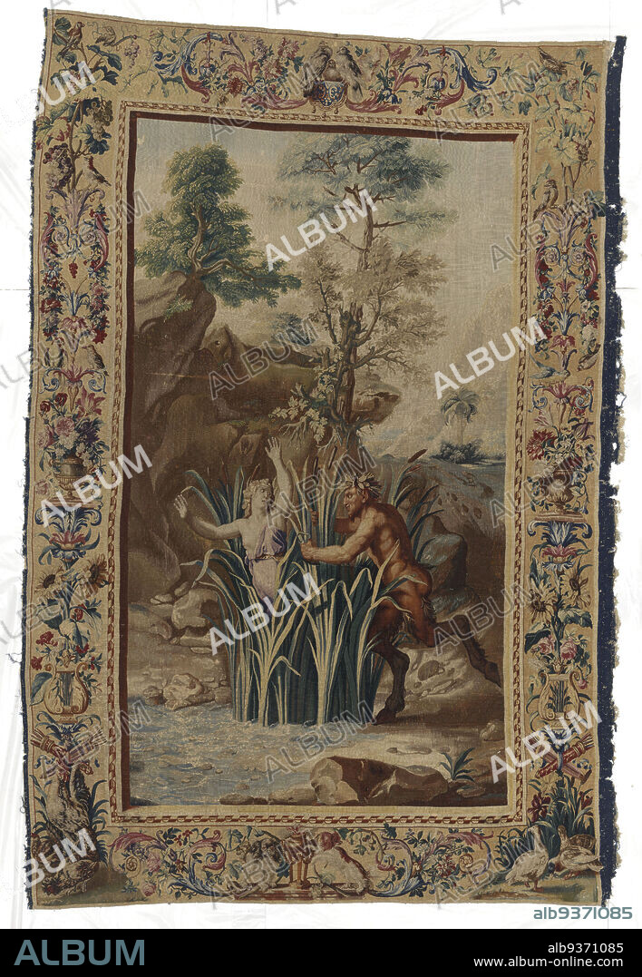 Pan and Syrinx, Pan and Syrinx, The Metamorphoses of Ovid (series title), Tapestry with Pan pursuing Syrinx (Ovid, Metamorphoses, book I), from a series of tapestries with representations borrowed from Ovid's Metamorphoses., Manufacture Royale des Gobelins (workshop of), Jan Janss, Paris, c. 1680 - c. 1684, ketting: wool, tapestry, height 324 cm × height 313 cm × width 205 cm × width 206.8 cm.