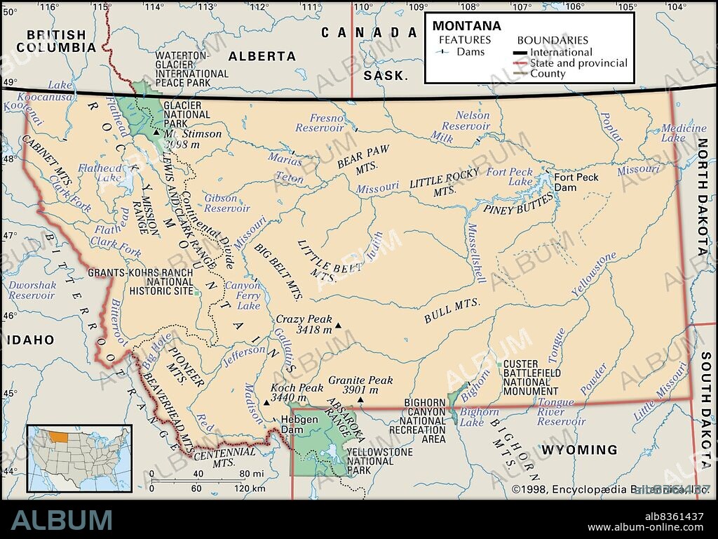Physical map of Montana.