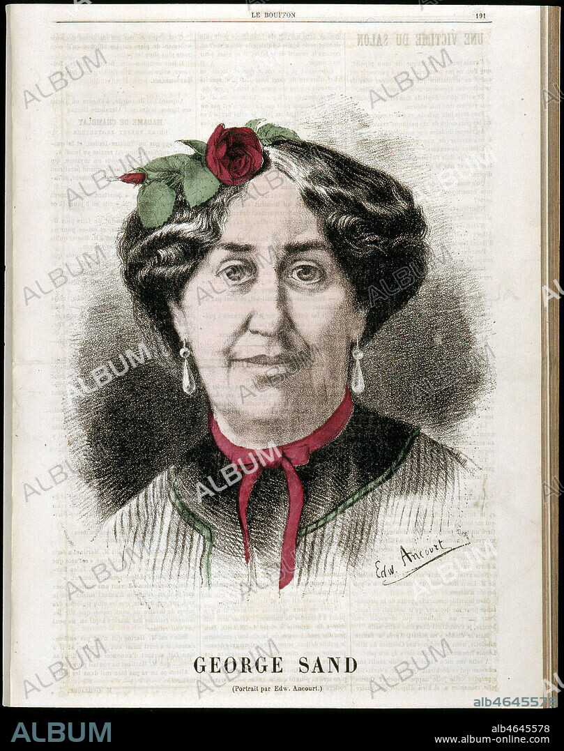Portrait de George Sand (1804-1876). Illustration d'Edward ANCOURT (ne en 1841) pour Le Bouffon de 1867. Credit : Coll. Dixmier/Kharbine-Tapabor.