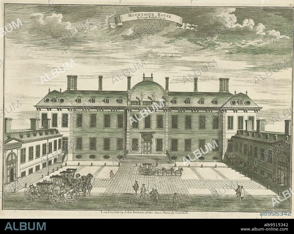 View of Montagu House, in London, Mountague House in Great Russel Street (title on object), print maker: Sutton Nicholls, (mentioned on object), after own design by: Sutton Nicholls, (mentioned on object), John Bowles, (mentioned on object), London, 1733 - 1766, paper, etching, height 335 mm × width 459 mm.