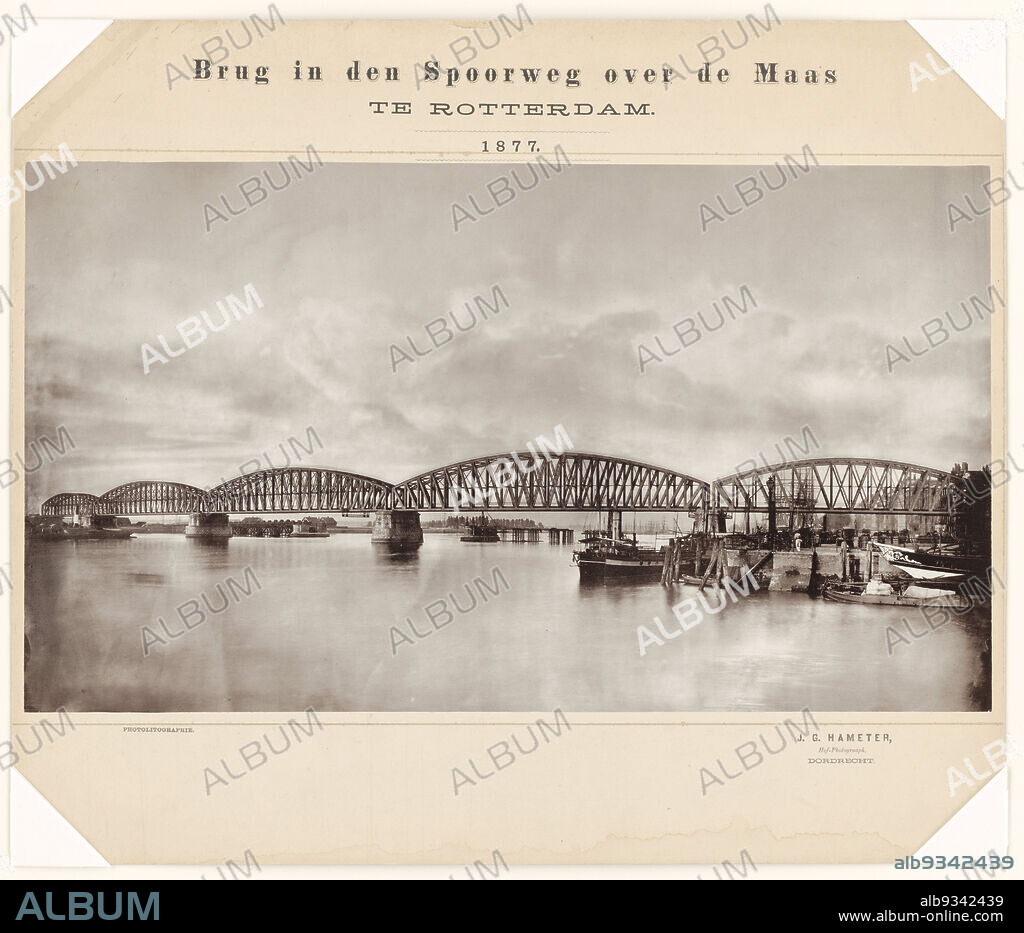 Railway bridge over the Maas at Rotterdam, seen from the Old Main Square, Bridge in the Railway over the Maas at Rotterdam (title on object), Johann Georg Hameter (mentioned on object), Dordrecht, 1877, paper, cardboard, collotype, height 270 mm × width 475 mm.