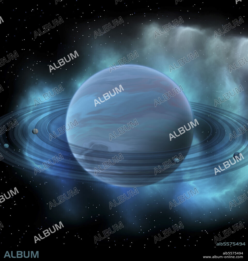 Artist's concept of planet Neptune. Neptune is the eight planet in our solar system and has planetary rings and a great dark spot indicating a storm on its surface.