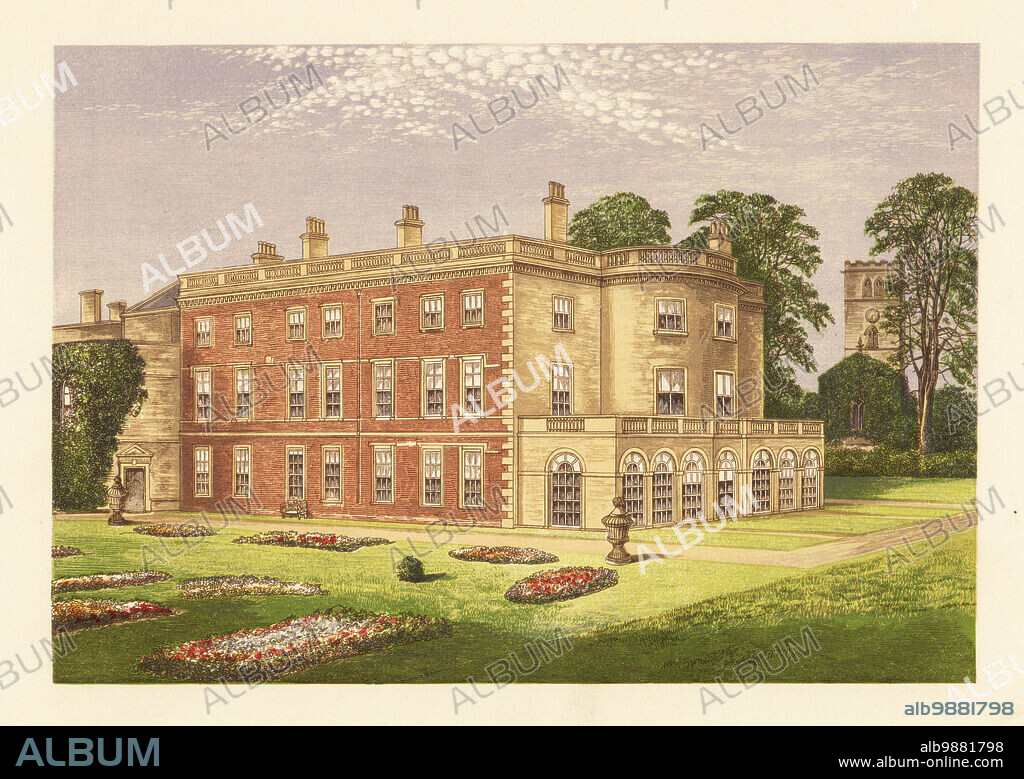 Clifton Hall, Nottingham, England. Georgian house designed by John Carr for Sir Gervase Clifton in 1778-97. Home of Sir Juckes Granville Juckes-Clifton, 8th Baronet, and later Sir Robert Juckes Clifton, 9th Baronet. Colour woodblock by Benjamin Fawcett in the Baxter process of an illustration by Alexander Francis Lydon from Reverend Francis Orpen Morriss Picturesque Views of the Seats of Noblemen and Gentlemen of Great Britain and Ireland, William Mackenzie, London, 1880.