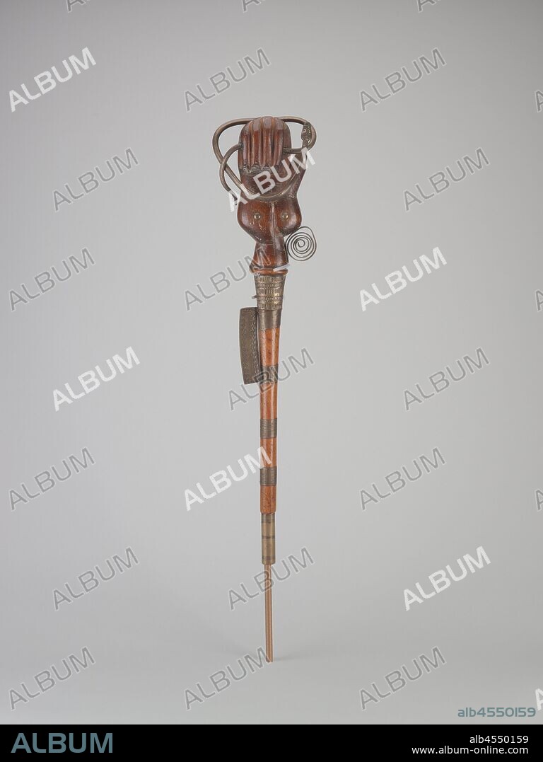 ceremonial staff, Kingdom of Dahomey, Fon people, early 20th century, wood, brass, 23-7/8 x 5-1/4 x 2-1/4 in, African Art.