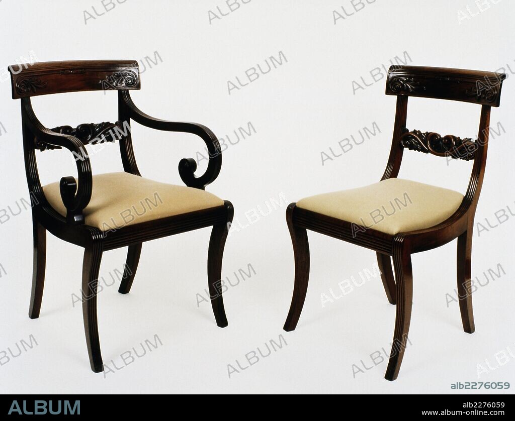 Regency style mahogany chair and armchair, 1810-1820. United Kingdom, 19th century.