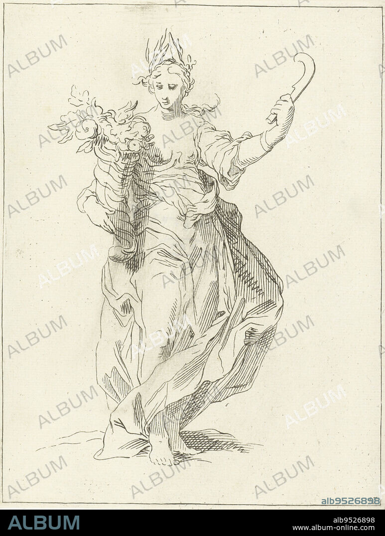Woman standing, holding a sickle in her left hand and a horn of plenty in her right Copy after a depiction from the drawing book of Abraham Bloemaert, in the edition of Nicolaas Visscher Numbered 47 in the lower left, Woman with a horn of plenty, Frederick Bloemaert, intermediary draughtsman: Abraham Bloemaert, print maker: anonymous, Netherlands, (possibly), c. 1679 - c. 1750, paper, etching, h 200 mm × w 153 mm.