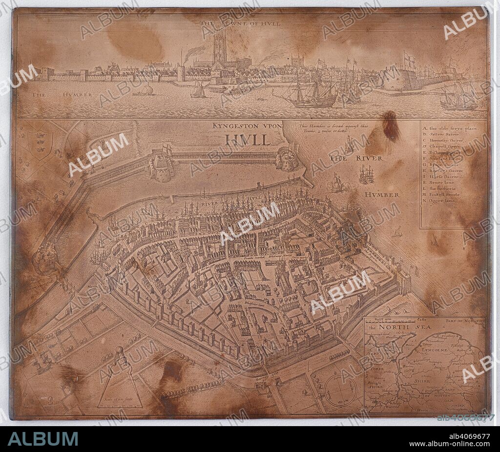 WENCESLAUS HOLLAR. Copper plate showing a map of Kingston-upon-Hull. Kyngeston-upon-Hull. [London] : W. Hollar fecit, [around 1642]. Source: Maps.177.l.2.
