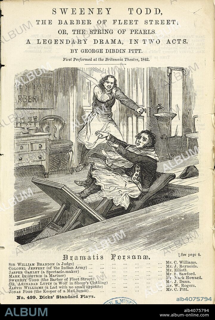 GEORGE DIBDIN PITT. Sweeny Todd with one of his victims sitting in the barber's chair. Illustration for a play. Sweeney Todd, the Barber of Fleet Street; or, the String of pearls A legendary drama, in two acts, etc. [Dicks' Standard Plays. no. 499.]. London, [1883.]. Source: 11770.bbb.4 no.499 page 1.