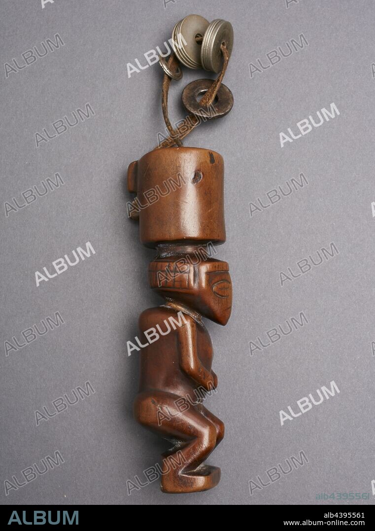 tobacco mortar in the form of a male figure, Chokwe people, 1880-1930, wood, leather, metal, H: 5-1/4 in., African Art.