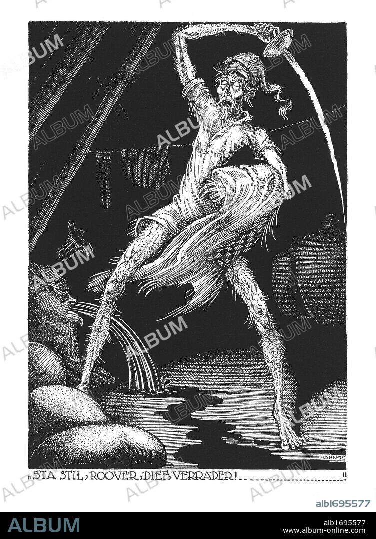 ALBERT HAHN JR.. Escena del libro Don Quichote, de Miguel de Cervantes Saavedra (Alcalá de Henares, 1547-Madrid, 1616). "Lucha contra los odres de vino…" Editado en Zutphen (Países Bajos), año 1930.