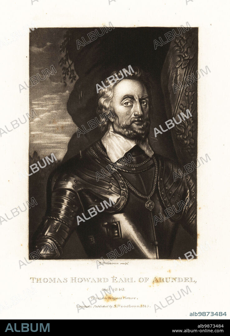 Thomas Howard, 14th Earl of Arundel, 1585-1646, English courtier during the reigns of King James I and King Charles I. Famous as a Grand Tourist and art collector. Mezzotint engraving by Robert Dunkarton after an original portrait from Richard Earlom and Charles Turner's Portraits of Characters Illustrious in British History Engraved in Mezzotinto, published by S. Woodburn, London, 1815.
