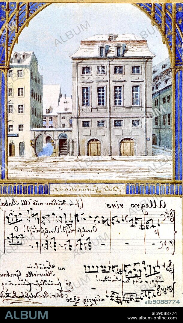 The Leipzig Gewandhaus watercolour by Felix Mendelssohn 23 February 1836 where Mendelssohn conducted his first concert.
