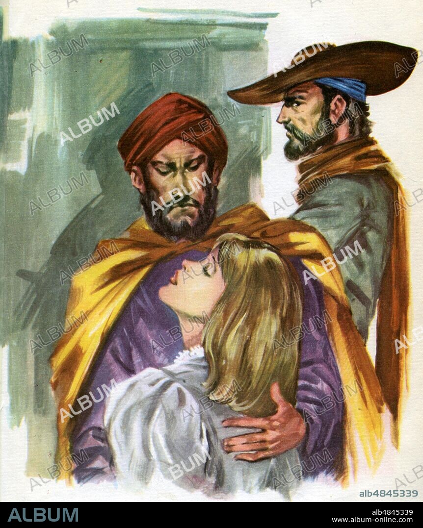 Emilio SALGARI (1863-1911) 'Sandokan put his hands to his heart, Marianna threw her arms around his neck - Sandokan, you suffer, you hide your pains.' Illustration from 'Le tigri di Mompracem' (1900). Publisher Boschi, Milan 1967.