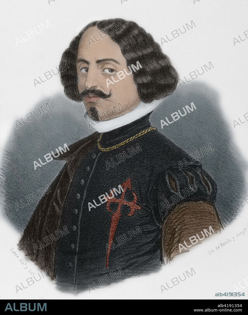 EUSEBIO DE LETRE. ILLUSTRATOR AND LITHOGRAPHER OF THE MID-19 CENTURY IN SPAIN.. Diego Velázquez (Diego Rodríguez de Silva y Velázquez) (1599-1660). Spanish Baroque painter. Portrait. Drawing by Letre. Lithography. Later colouration. Cronica General de España, Historia Ilustrada y Descriptiva de sus Provincias. Andalucia, 1867.
