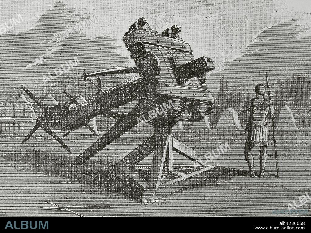 Ancient Age. Ballista or bolt thrower, ancient missile weapon. Engraving. Museo Militar, 1883.