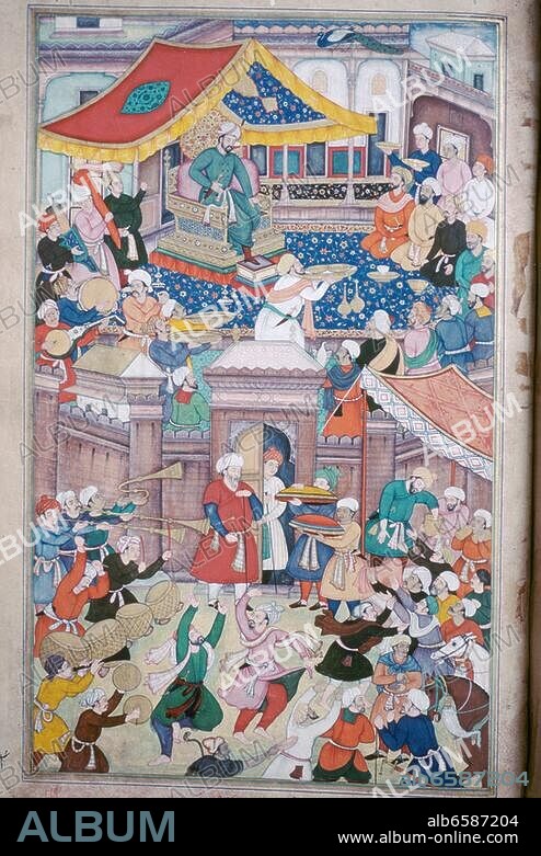 Timur (Tamerlane, "Timur the Lame"). Turkic ruler; Asian conqueror; founder of the Timurid dynasty; 8.4.1336 - 19.1.1405. Festivities at Timur's court. Illustration from the Timur-nama (History of Timur). Indian miniature, Mughal school, 1580. Gouache on paper. Patna, Khuda Bakhsh Oriental Library.