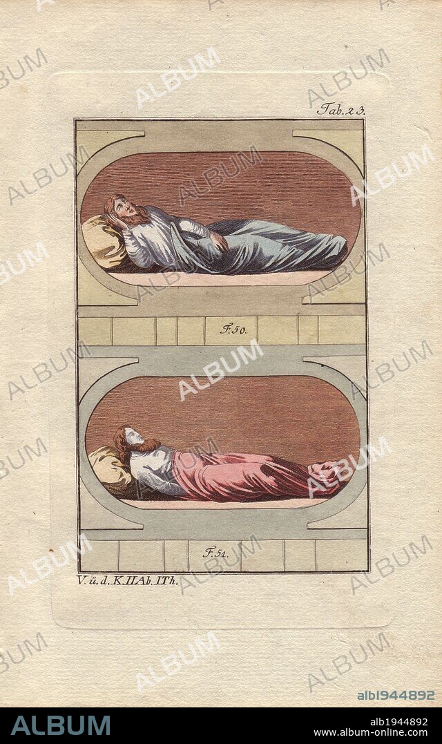 Anglo Saxon man in a shirt (50).. . "The Anglo Saxons wore, immediately next to the body, a shirt which also served as their nightwear, as seen in Fig. 50.". . An Anglo Saxon in a shroud (51).. . "The corpse is washed in pure water, then re-dressed in a shirt under clothes analogous to the rank of the deceased; finally it is dressed in a shroud, in the manner of the figure covered in 51, until the moment of burial. At that moment, the shroud is closed, after placing a handkerchief or sudarium (usually white, but sometimes blue, red or pink) over the face." . . Handcolored copperplate engraving from Robert von Spalart's "Historical Picture of the Costumes of the Principal People of Antiquity and of the Middle Ages" (1796).