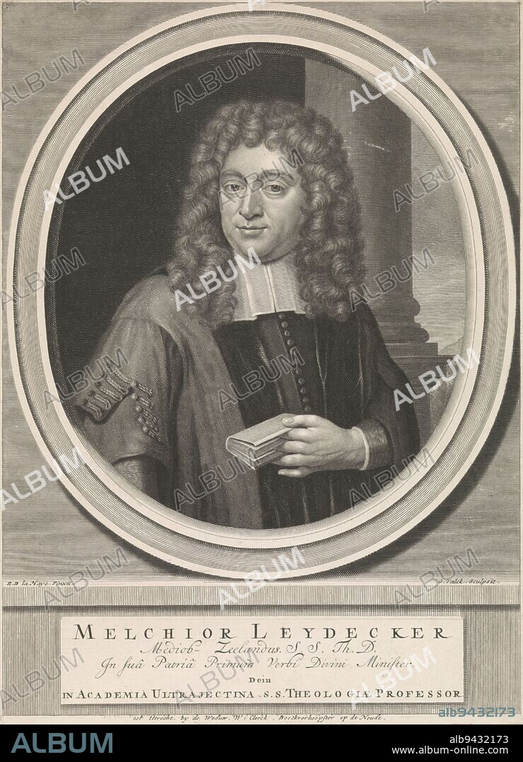 Portrait of the theologian Melchior Leydekker, print maker: Gerard Valck, (mentioned on object), after: Reinier de la Haye, (mentioned on object), publisher: weduwe Willem Clerck, (mentioned on object), Utrecht, 1685 - 1703, paper, engraving, h 352 mm × w 260 mm.